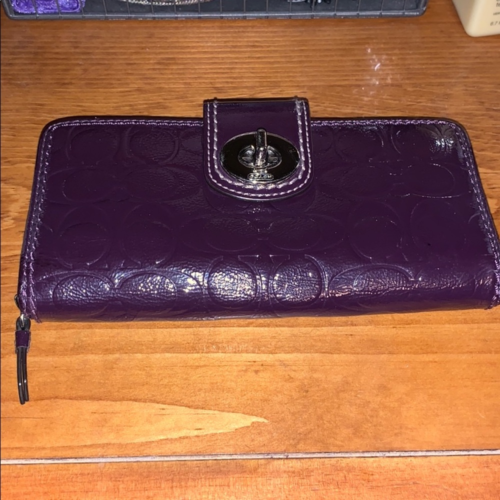 Coach purple large signature patent leather wallet